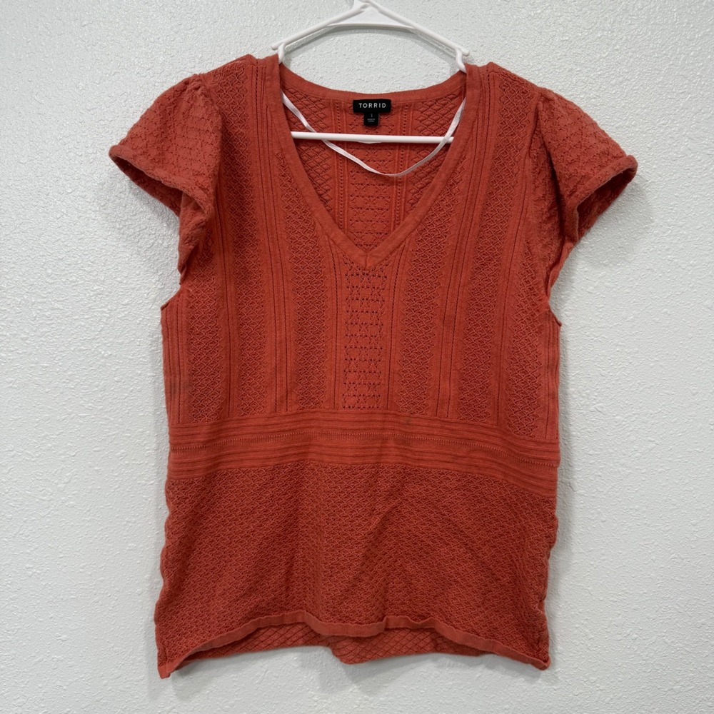 Torrid Burnt Orange Pointelle Knit V-Neck Flutter Sleeve Sweater Top Size 1